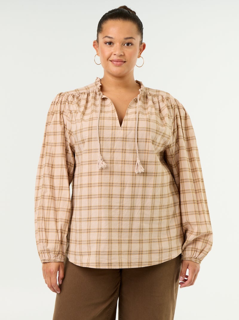Geruite blouse met strikhals Biege - Kiabi