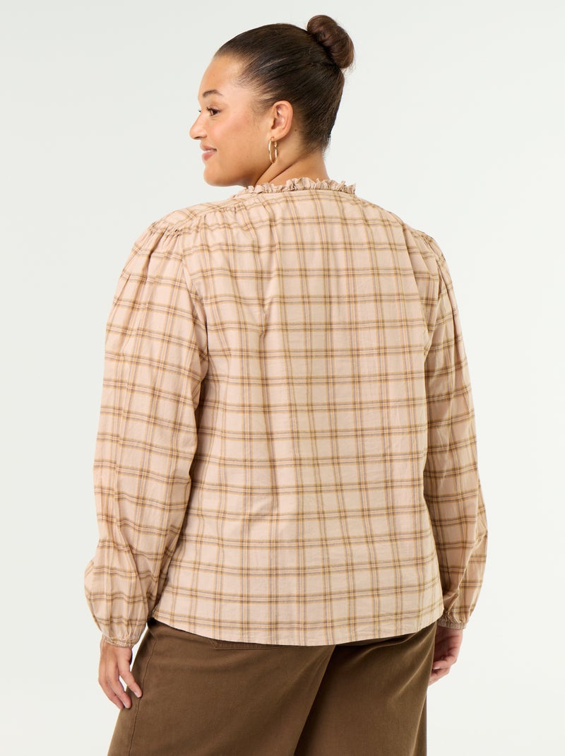 Geruite blouse met strikhals Biege - Kiabi