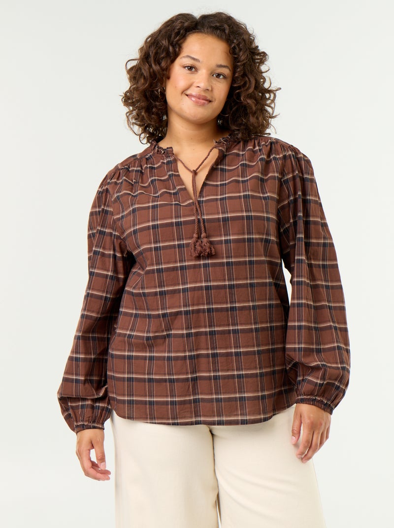 Geruite blouse met strikhals Bruin - Kiabi