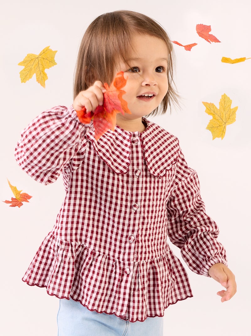 Geruite blouse van katoenen voile met fantasiekraag Bordeaux - Kiabi