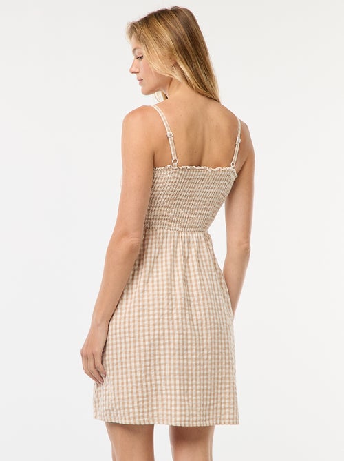 Gesmokte jurk van seersucker met vichyruitjes - Kiabi