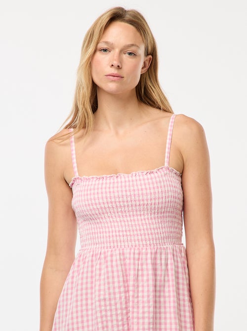 Gesmokte jurk van seersucker met vichyruitjes - Kiabi