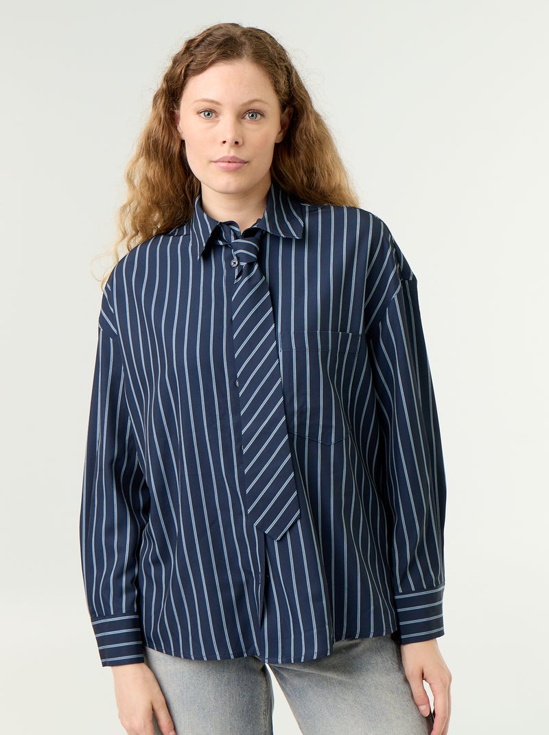 Gestreept overhemd met borstzak + bijpassende stropdas - 2-delig Blauw - Kiabi