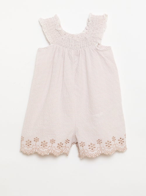 Gestreept seersucker playsuit met smockwerk en borduursels - Kiabi