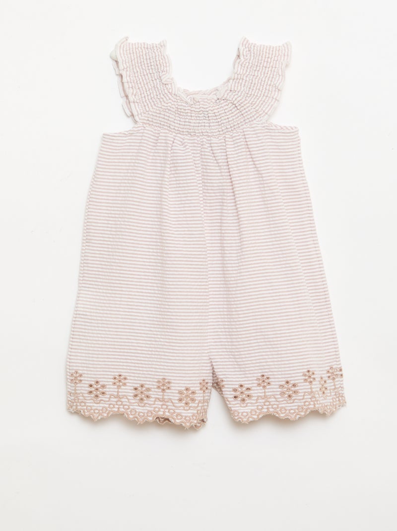 Gestreept seersucker playsuit met smockwerk en borduursels Biege - Kiabi