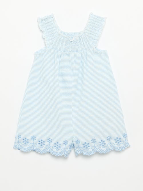 Gestreept seersucker playsuit met smockwerk en borduursels - Kiabi