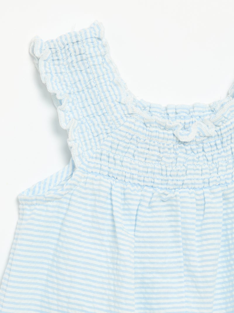 Gestreept seersucker playsuit met smockwerk en borduursels Blauw - Kiabi
