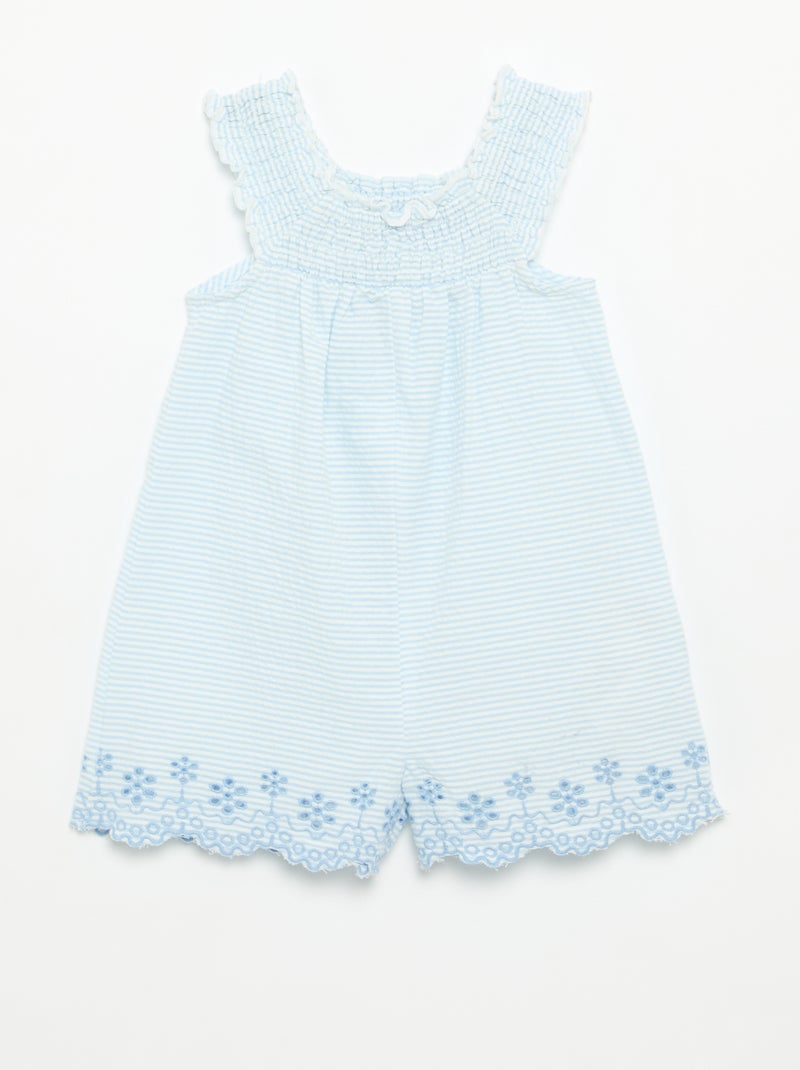 Gestreept seersucker playsuit met smockwerk en borduursels Blauw - Kiabi
