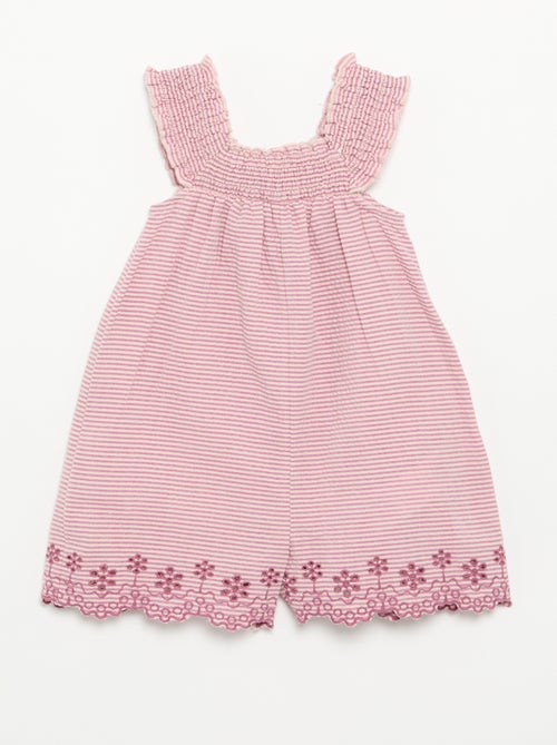 Gestreept seersucker playsuit met smockwerk en borduursels - Kiabi