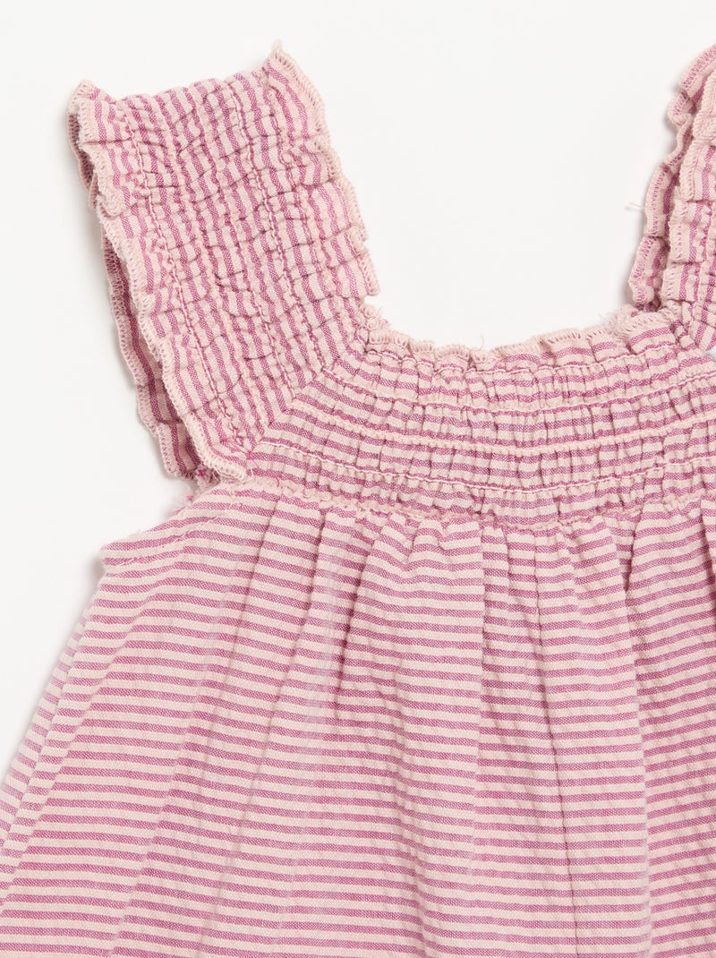 Gestreept seersucker playsuit met smockwerk en borduursels Paars - Kiabi