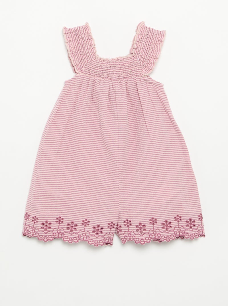 Gestreept seersucker playsuit met smockwerk en borduursels Paars - Kiabi