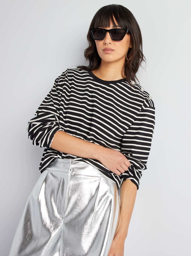 Gestreept T-shirt met lange mouw ZWART - Kiabi