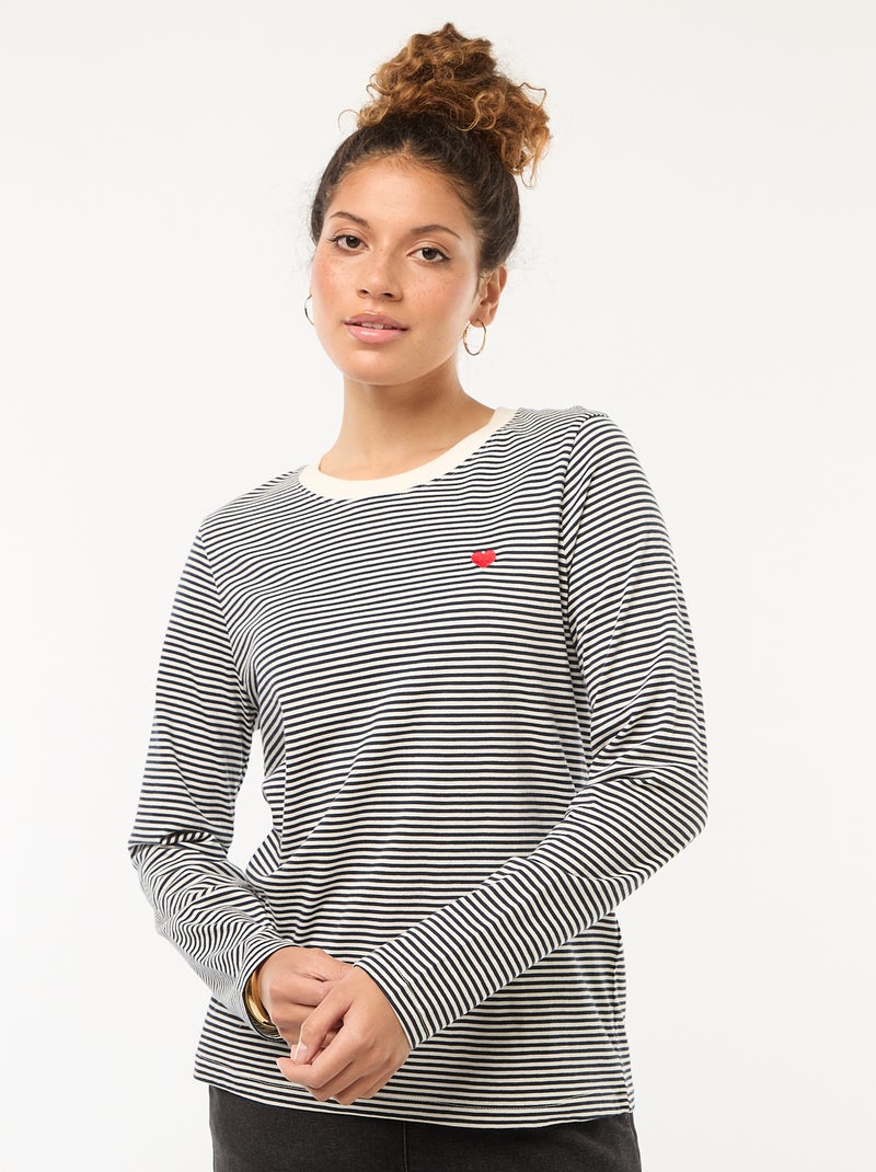 Gestreept T-shirt met lange mouwen en geborduurd hartje | 'JDY' Blauw - Kiabi