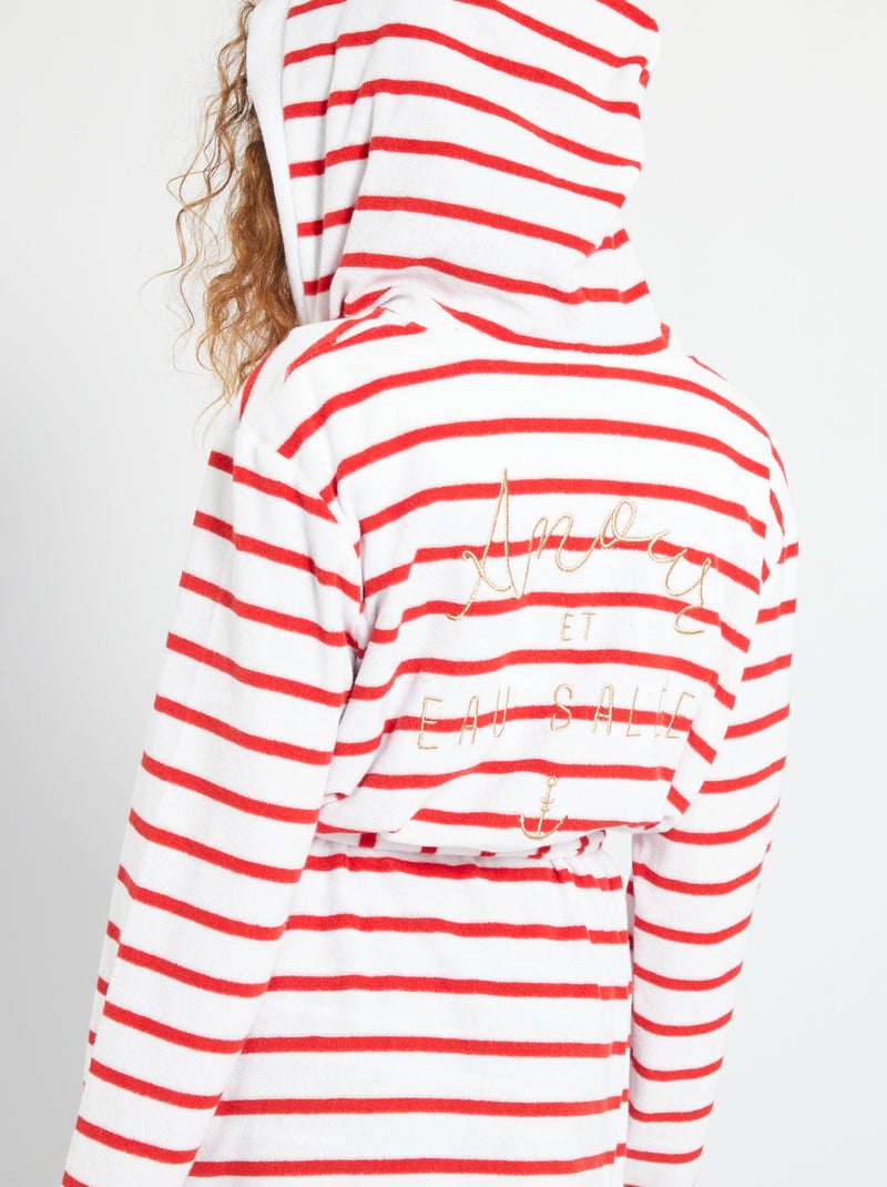 Gestreepte badjas met kap rood - Kiabi