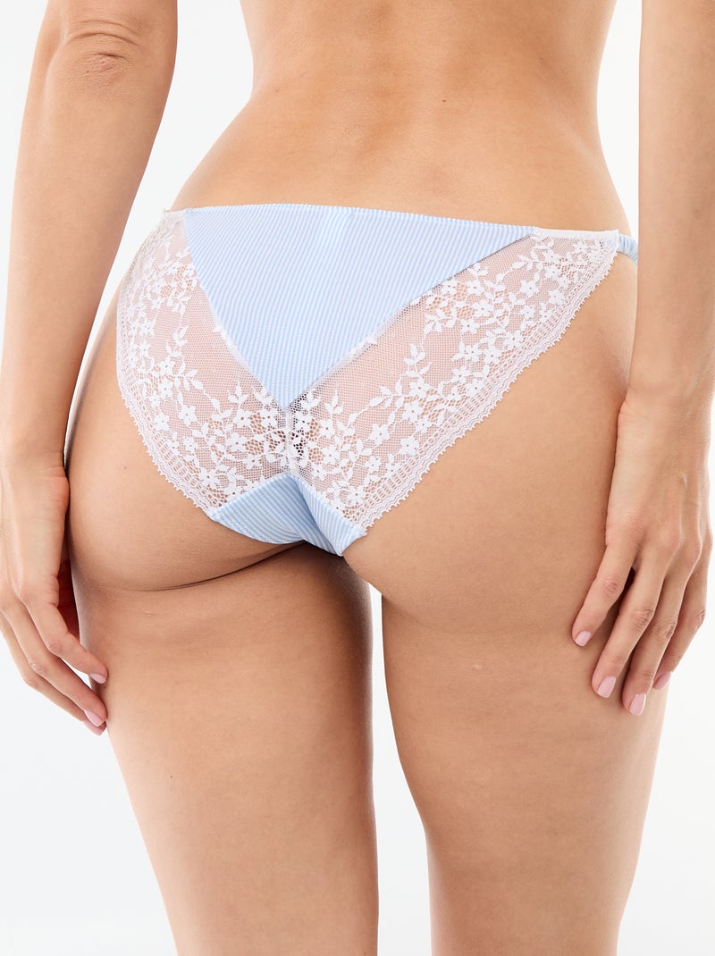 Gestreepte bi-materiaalslip met kant Blauw - Kiabi