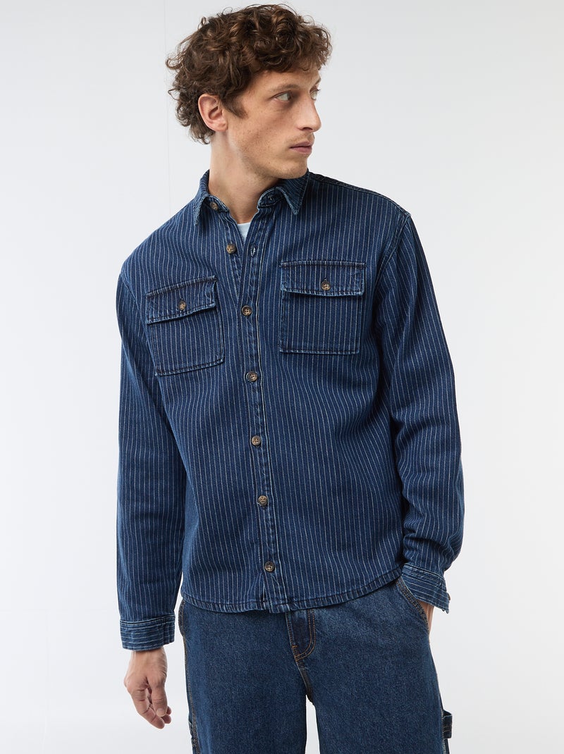 Gestreepte jeanshemd met opgestikte borstzakken Blauw - Kiabi