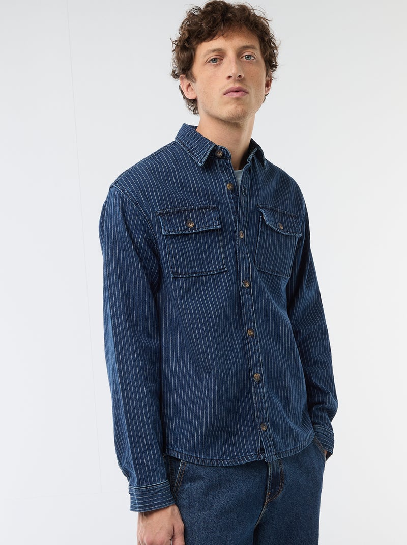Gestreepte jeanshemd met opgestikte borstzakken Blauw - Kiabi