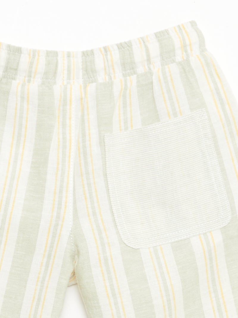 Gestreepte short met elastische taille van linnen en katoen Groen - Kiabi