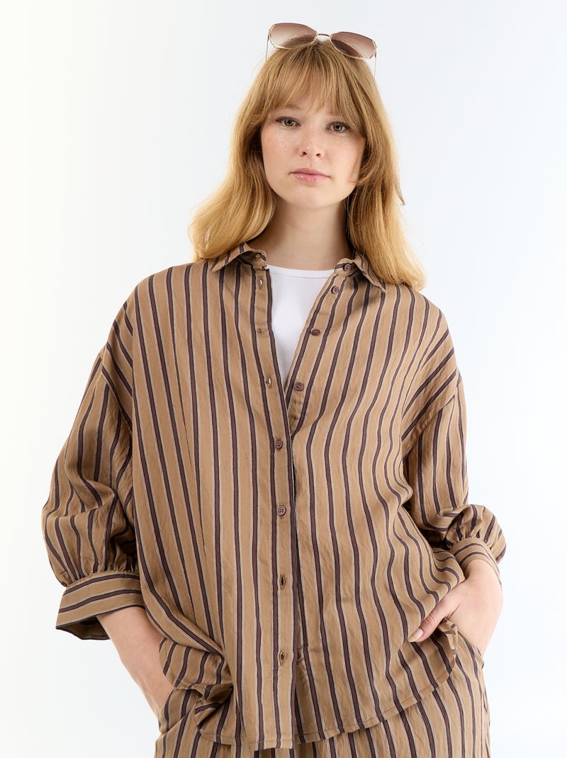 Gestreepte soepele blouse met ballonmouwen Donkerbruin - Kiabi