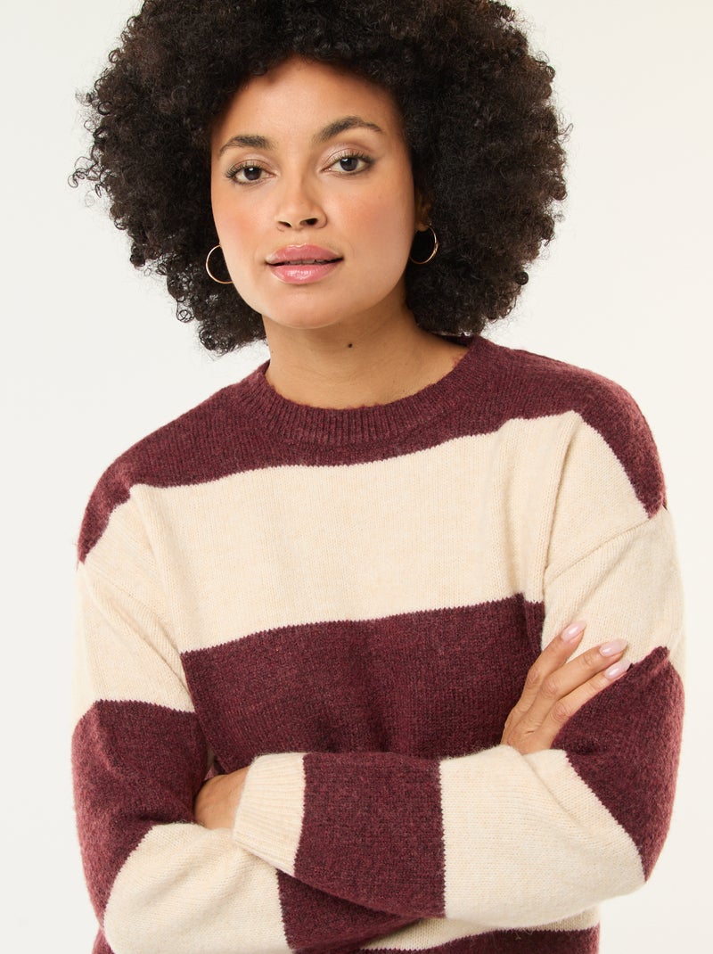 Gestreepte trui van zachte stof met ronde hals Biege - Kiabi