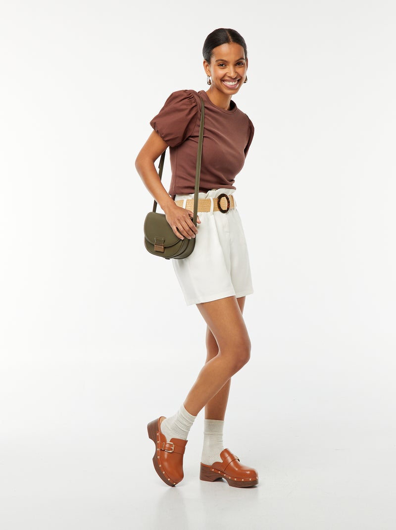 Getailleerd T-shirt met pofmouwen van twee materialen Bruin - Kiabi