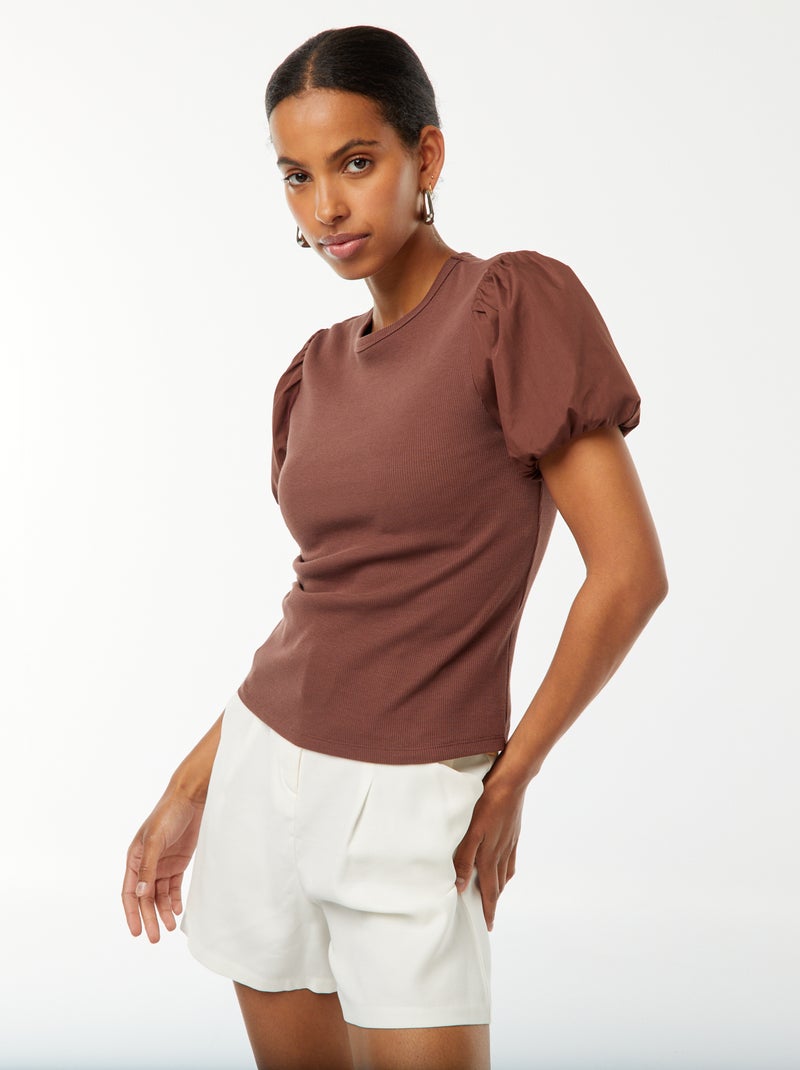Getailleerd T-shirt met pofmouwen van twee materialen Bruin - Kiabi
