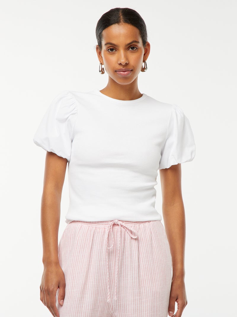 Getailleerd T-shirt met pofmouwen van twee materialen wit - Kiabi