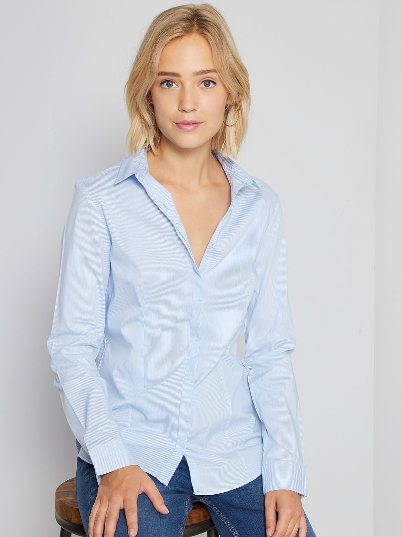 Getailleerde blouse van stretch katoen blauw gestreept - Kiabi