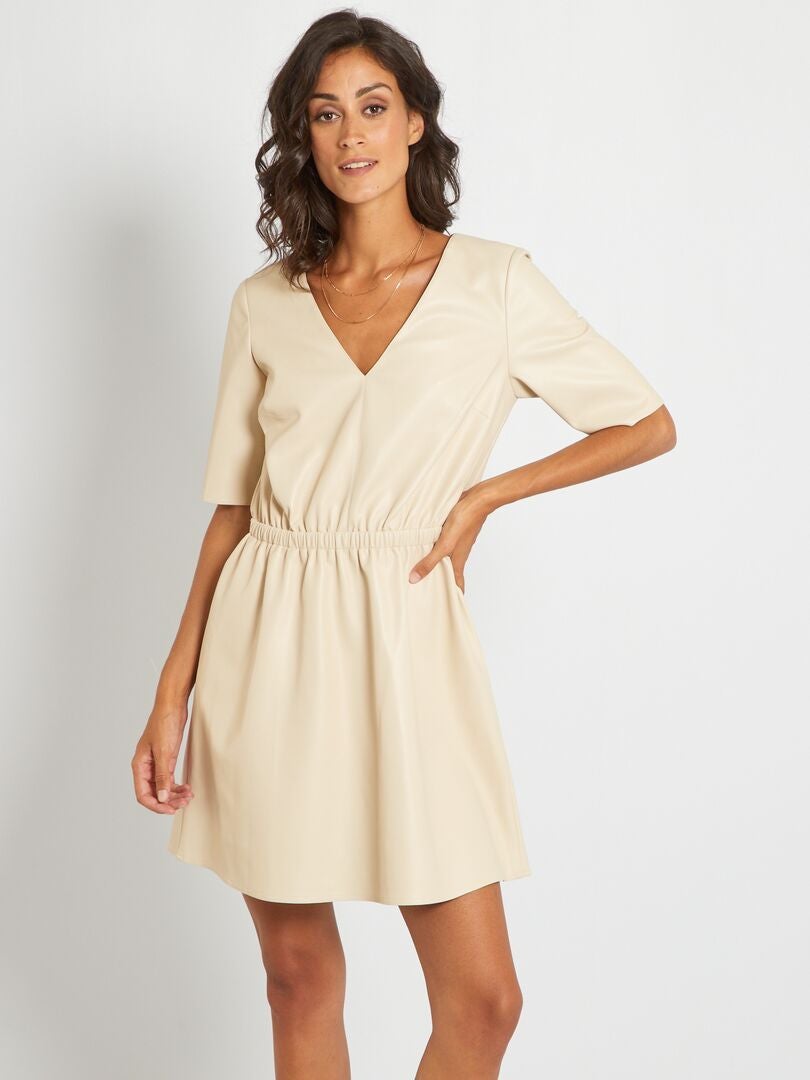Getailleerde jurk met elastische taille beige crème - Kiabi