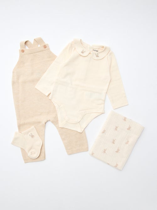 GIFTBOX - Lange salopette van tricot + rompertje + luierdoek van luchtig katoen + sokken - Kiabi