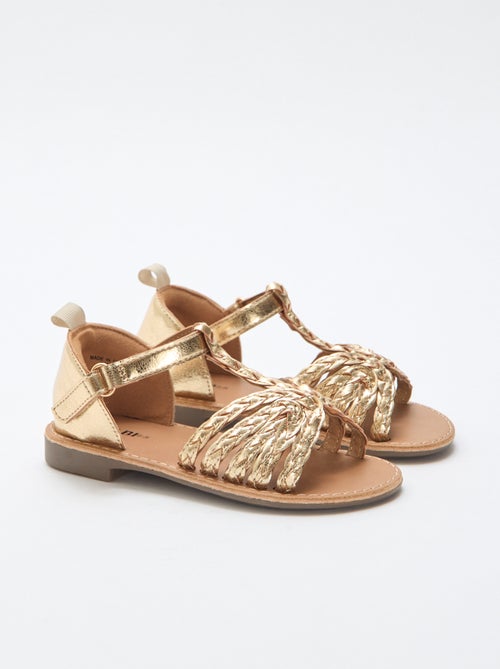 Goudkleurige platte sandalen met bandje en gevlochten riempjes - Kiabi