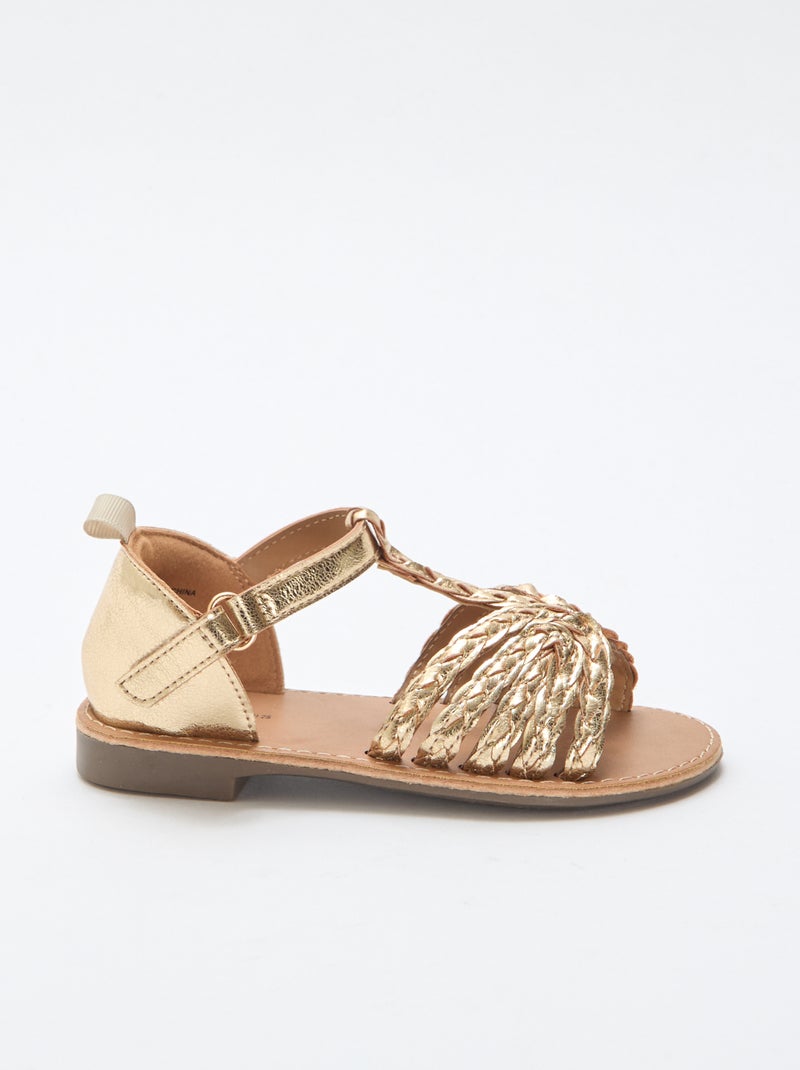 Goudkleurige platte sandalen met bandje en gevlochten riempjes Geel - Kiabi