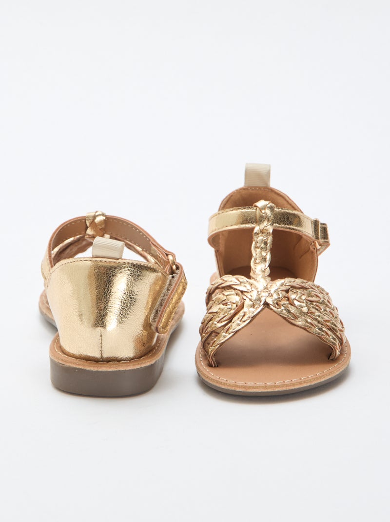 Goudkleurige platte sandalen met bandje en gevlochten riempjes Geel - Kiabi