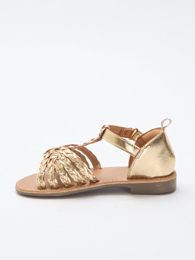 Goudkleurige platte sandalen met bandje en gevlochten riempjes Geel - Kiabi