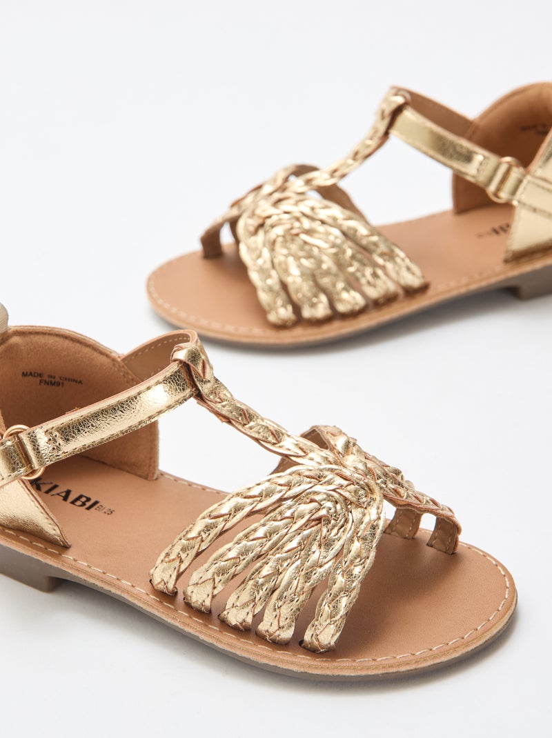 Goudkleurige platte sandalen met bandje en gevlochten riempjes Geel - Kiabi