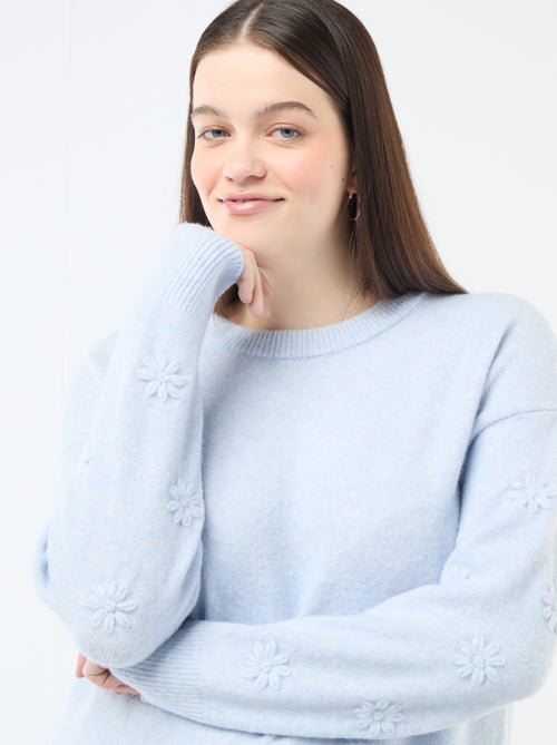 Grof gebreide trui met lange mouwen en bloemenborduursels - Kiabi