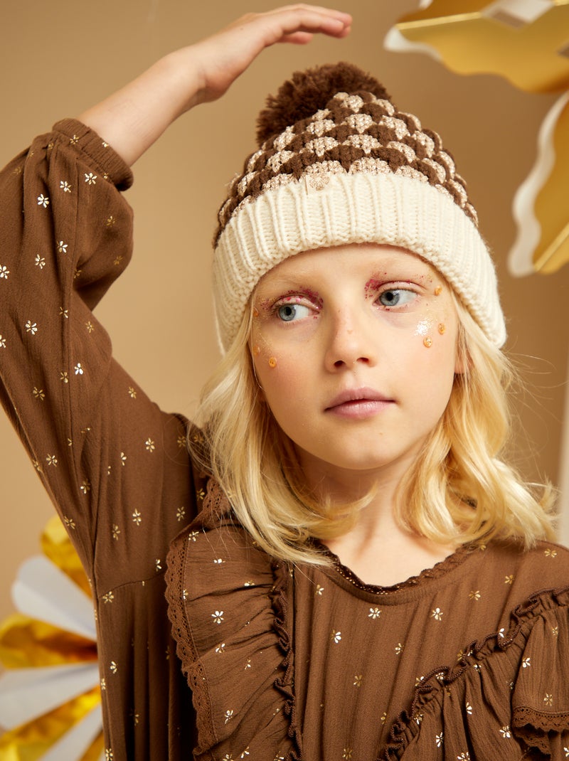 Grofgebreide muts met pompon bruin - Kiabi