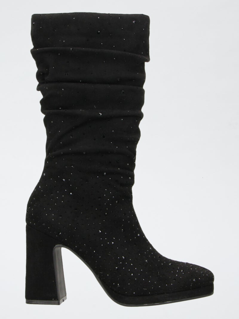 Halfhoge laarzen van suèdine met geplooid effect Zwart - Kiabi