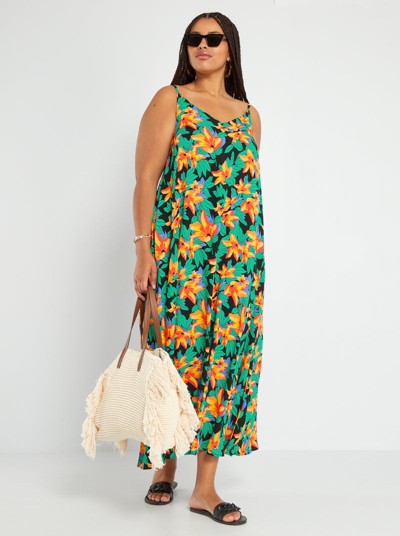 Halflange jurk met bloemenprint ZWART - Kiabi