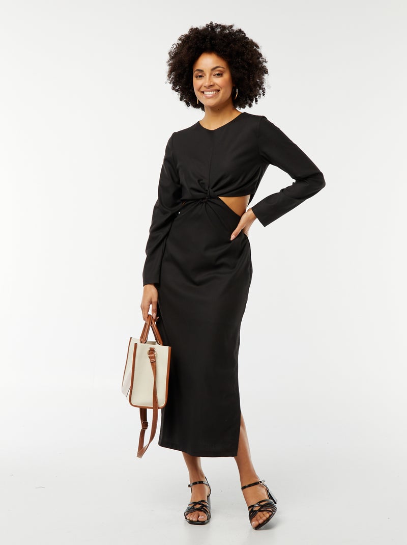 Halflange jurk met gedraaid effect zwart - Kiabi
