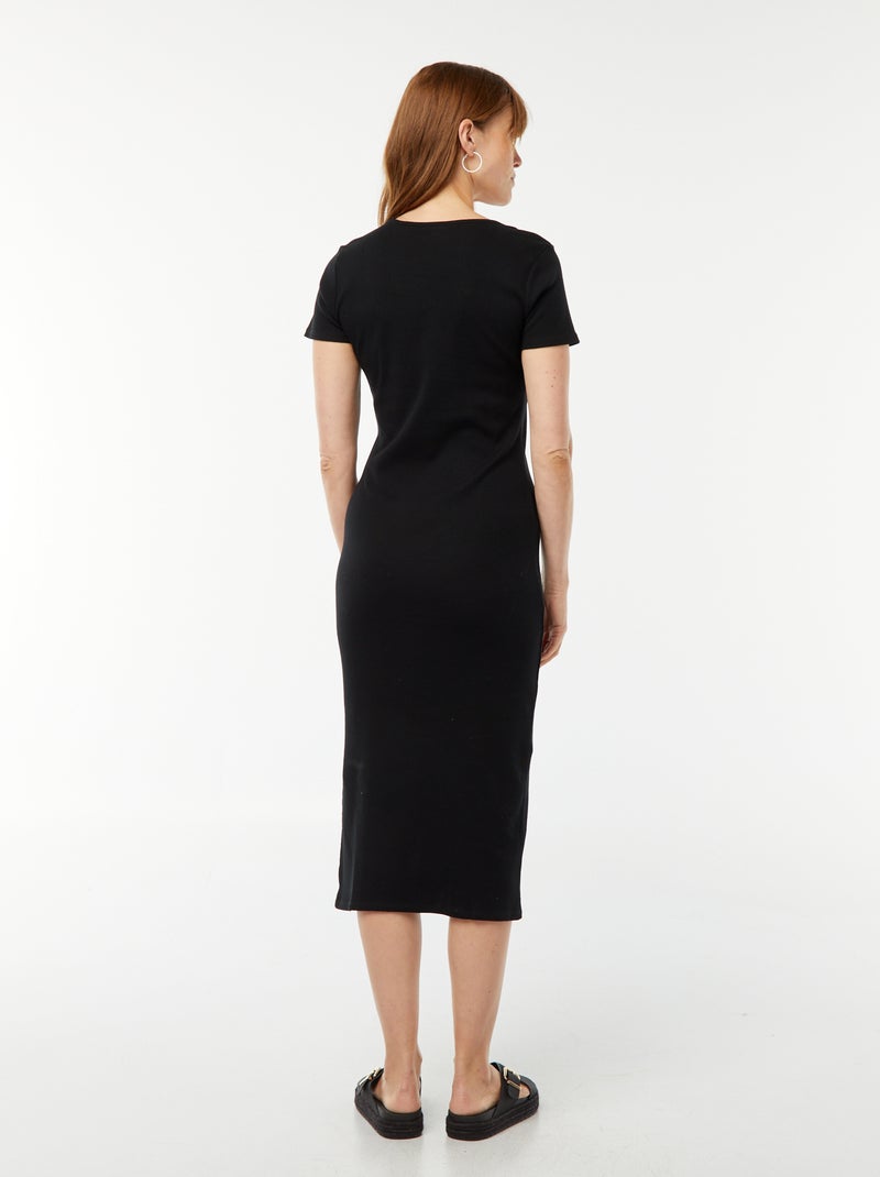 Halflange jurk met korte mouw en split zwart - Kiabi