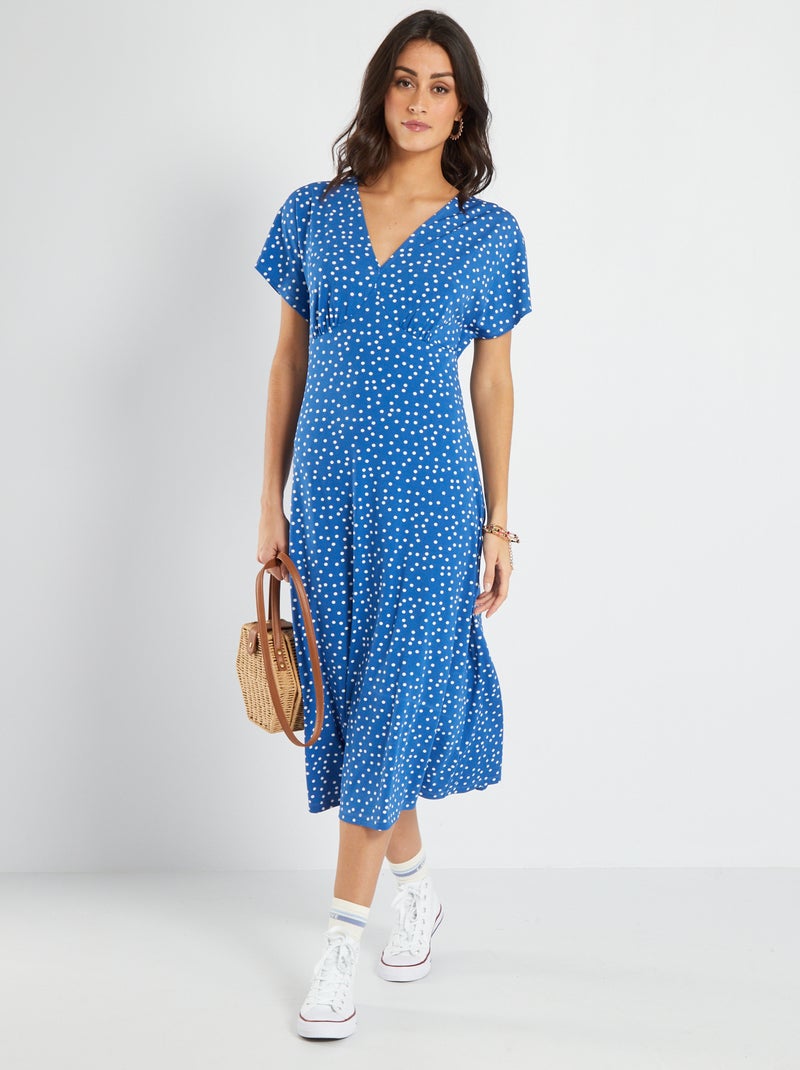 Halflange jurk met V-hals en motiefje BLAUW - Kiabi