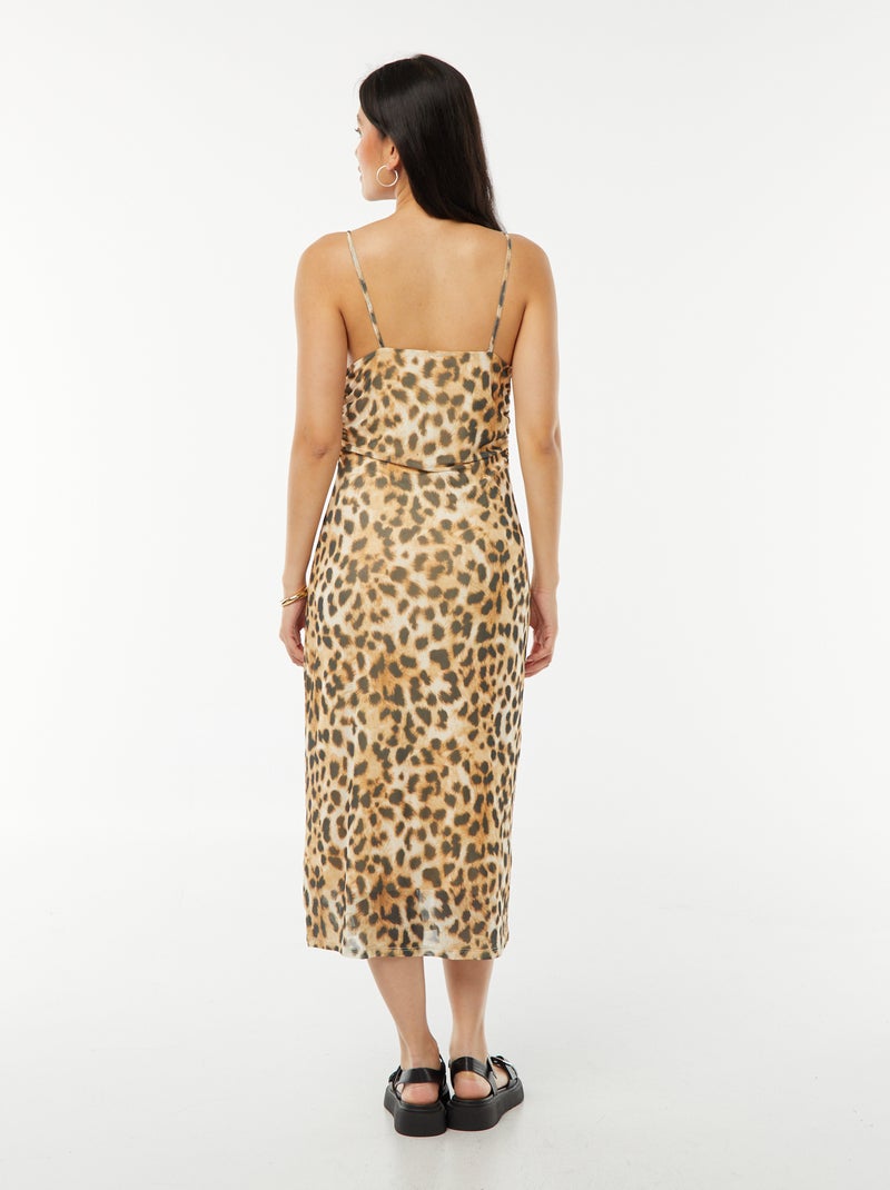 Halflange jurk van mesh met luipaardprint en watervalhals Bruin - Kiabi