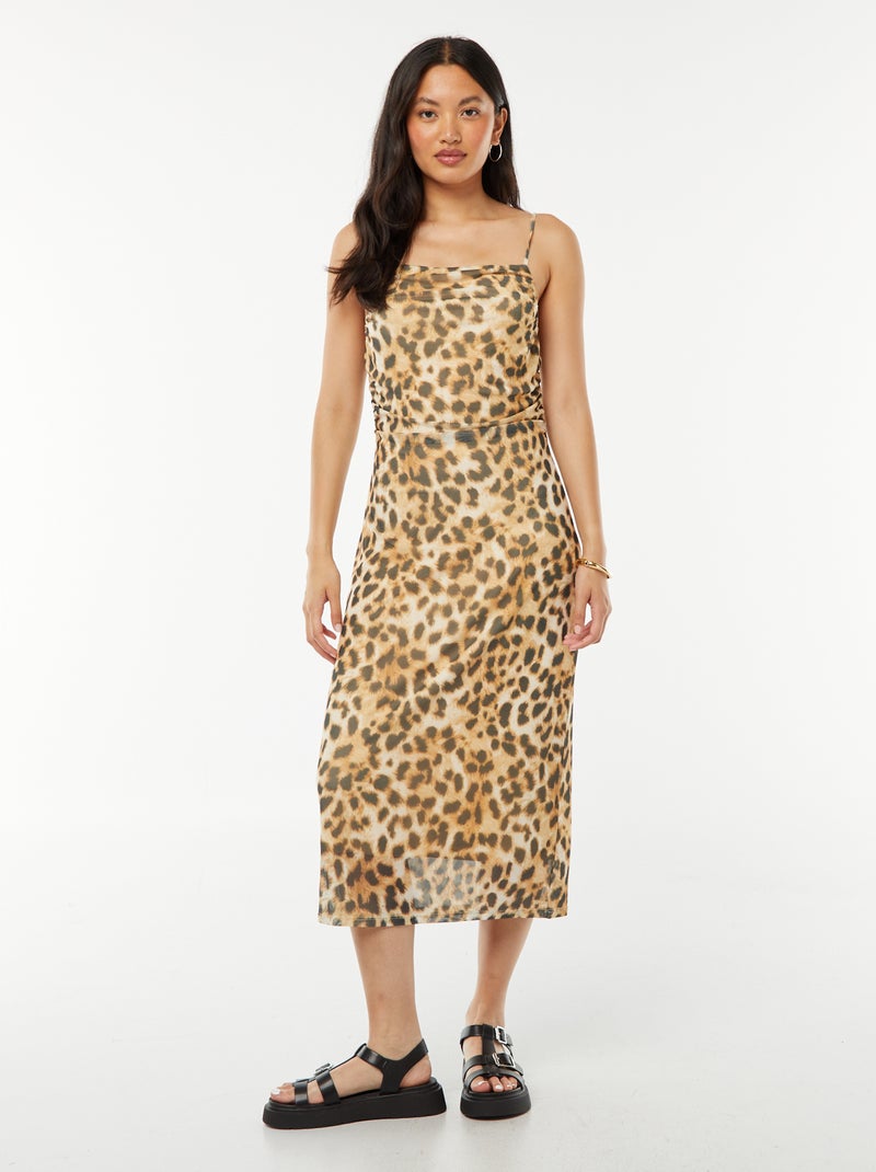 Halflange jurk van mesh met luipaardprint en watervalhals Bruin - Kiabi