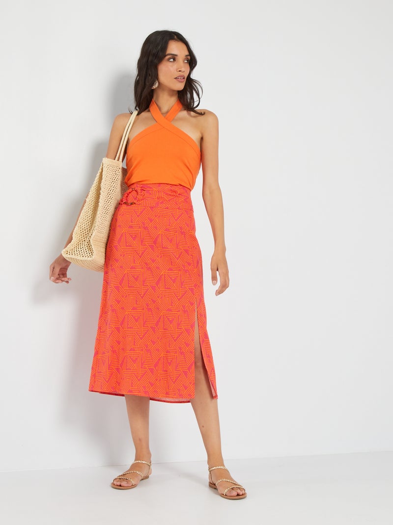 Halflange, linnen rok met print ROSE - Kiabi
