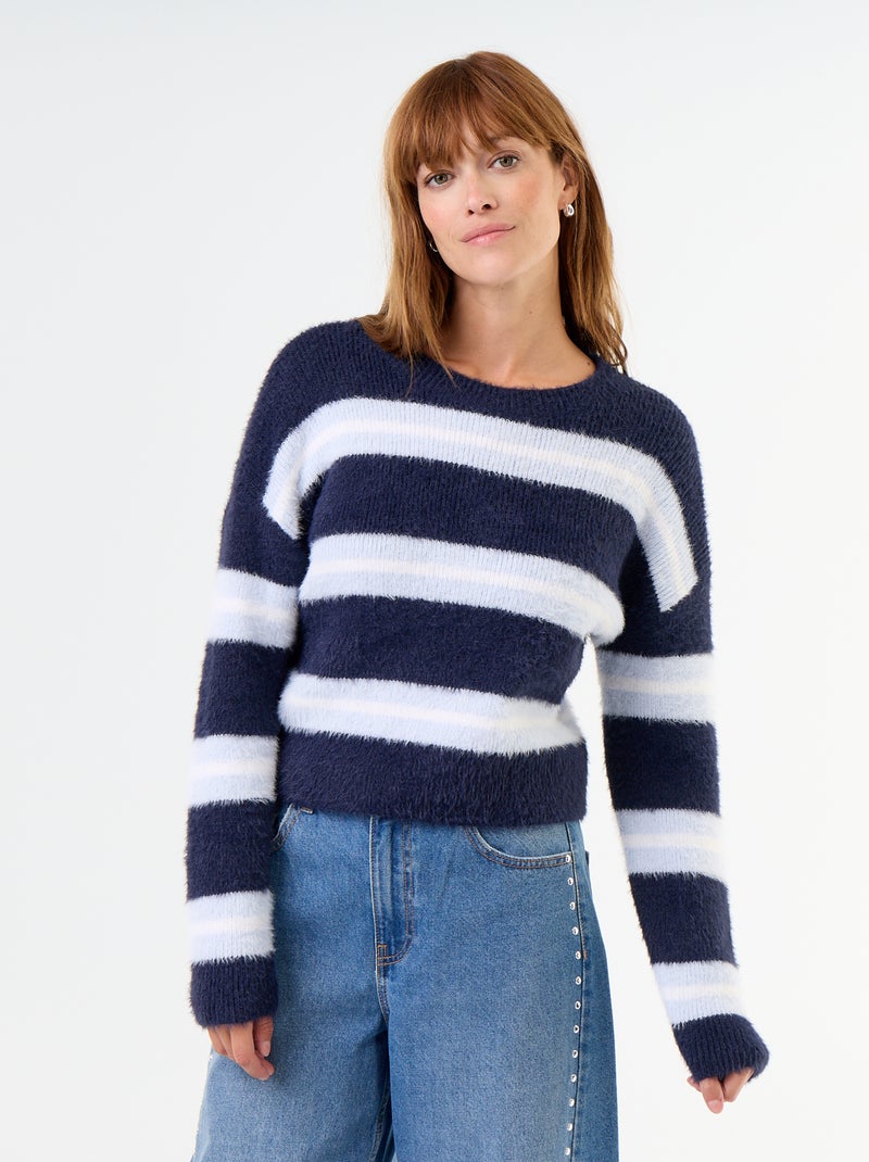 Harige gestreepte trui met ronde hals Blauw - Kiabi