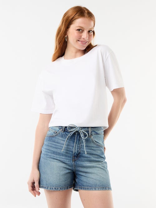 High-waist jeansshort met knoopceintuur - Kiabi