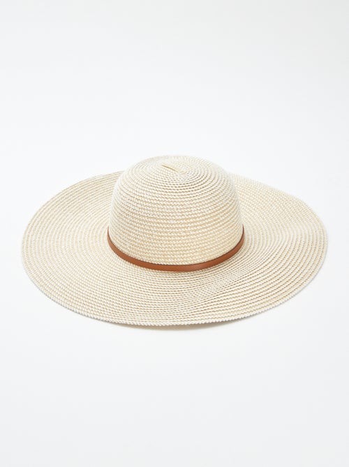Hoed met brede rand in gevlochten raffia-effect met wit garen - Kiabi