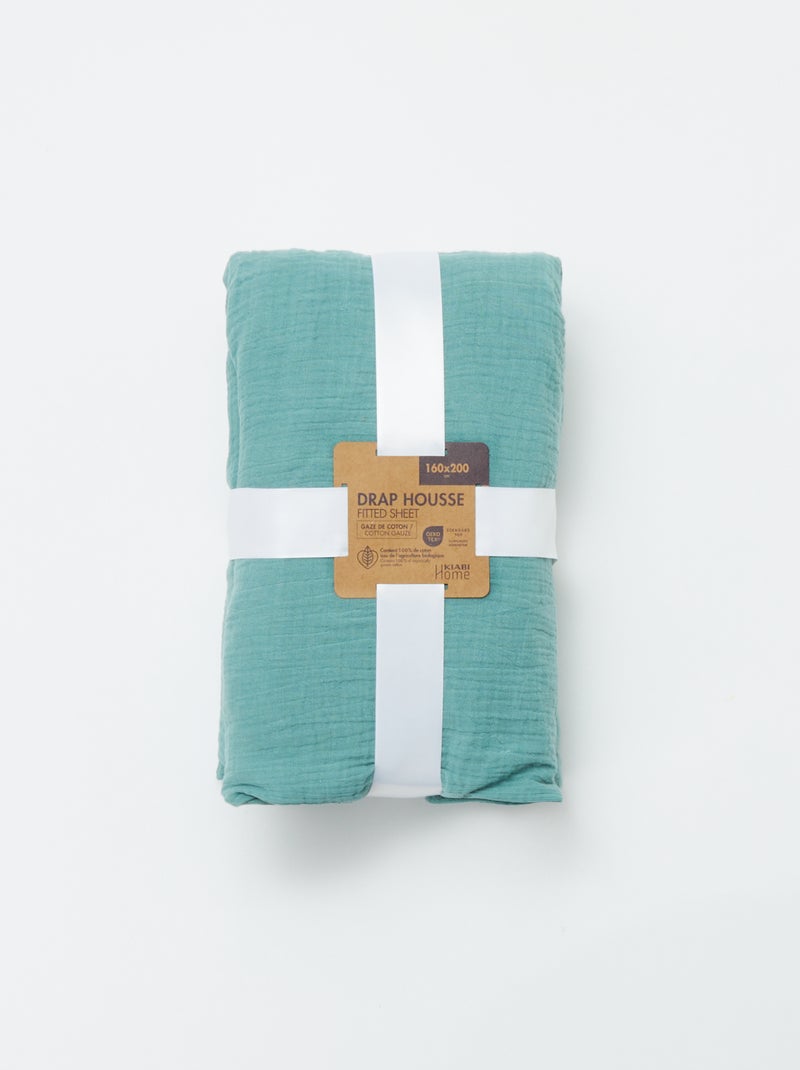 Hoeslaken van katoengaas (160 x 200 cm) - Kiabi Home GROEN - Kiabi