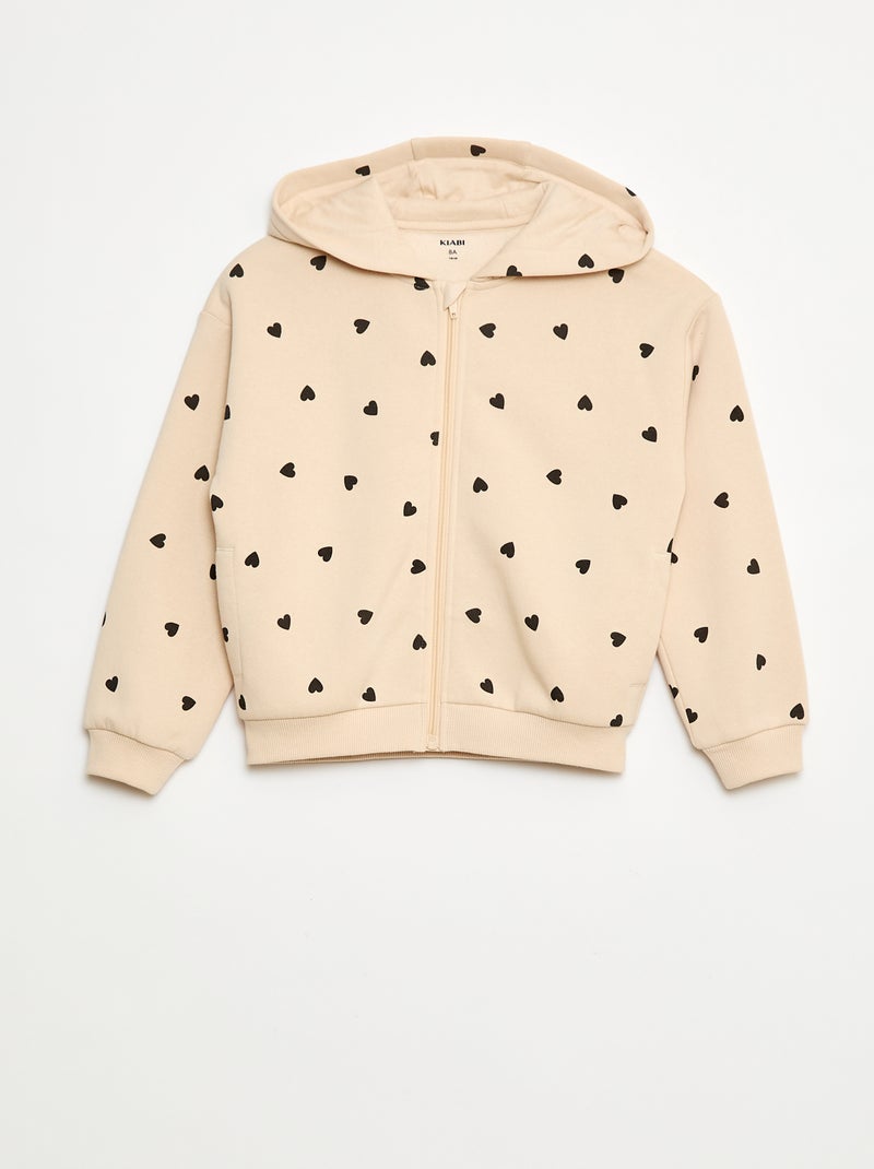 Hoodie met rits en print Biege - Kiabi